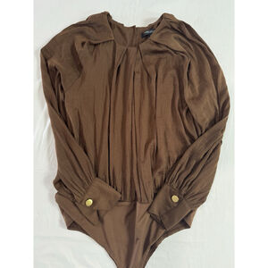 Andrew Marc Women’s XL Bodysuit Top Long Sleeve, Chocolate Brown, Pleated